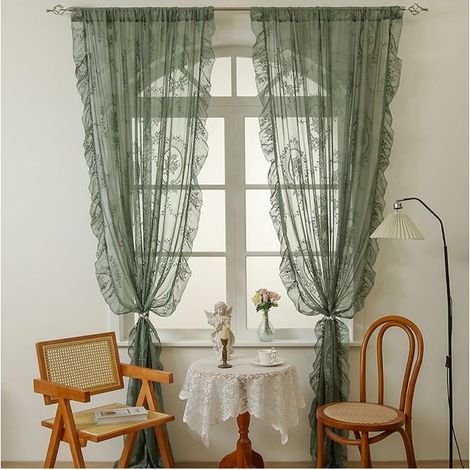 GDHZS-AUTRUCKER Paire de rideaux à volants, 140 x 160 cm, style champêtre français, voilages, faciles à installer, pour salon et chambre à coucher. vert (1/5)
