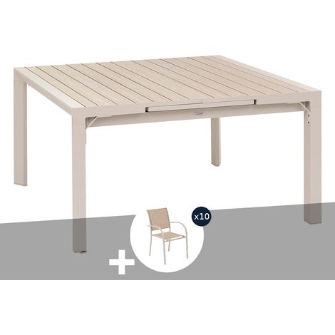 Table de jardin carrée extensible alu Evasion 8/10 places Beige/lin + 10 fauteuils - Hespéride (1/4)
