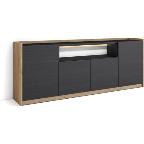Skraut Home - Credenza, Mobile, Cucina, Madia, mobile ingresso, 207x37x80cm, 4 Porte, LED, Stile moderno, Nero e rovere (1/5)