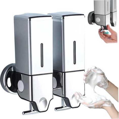 Dispenser di sapone a parete, piccolo dispenser di sapone, montaggio a parete, 2 x 500 ml, acciaio inox, dispenser di shampoo ricaricabile, dispenser di sapone sospeso, pompa per sapone, montaggio sem (1/5)