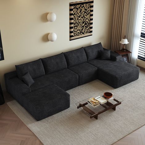 Canapé d'angle en U 340cm,canapé modulaire en velours côtelé,avec chaiselongue,1 repose-pieds,canapé 5 place compression,assise profonde,noir