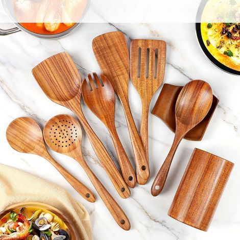 Utensilios de cocina en madera teck 9 piezas - Set Premium Facile à Nettoyer, Léger, Résistant à la Chaleur et Anti-Rayures -AUTRES (1/5)