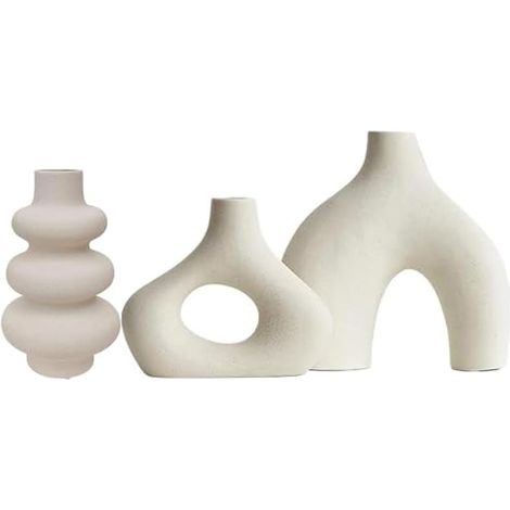 Lot de 3 vases en céramique beige - Pour décoration de salon, mariage, dîner, table, fête, bureau et chambre à coucher (1/4)