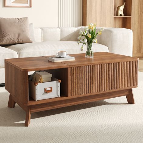 Table basse relevable noyer rétro 95 cm avec effet ondulé et niche latérale ouverte, matériau MDF, style vintage, 95x45x50 cm