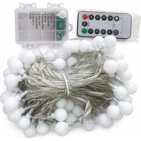Guirlande LED à Globes Dépolis Blanc Froid, 80 LED Étanches, Alimentée par Piles, Télécommande, 8 Modes (1/5)