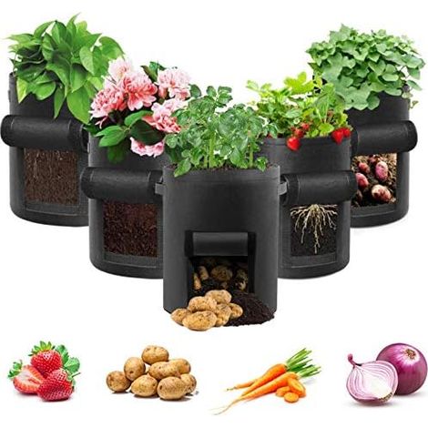 Potato Grow Bag, 5-Pack 10 Gallonen Vegetable Grow Plant Bags mit Sichtfenster und Griffen für Gemüse, Obst, Blumen, Kartoffel (Schwarz)