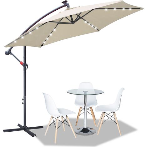 Jiubiaz Sonnenschirm 3.5m Creme mit LED – Extra großer Gartenschirm für Terrasse & Abendlicht