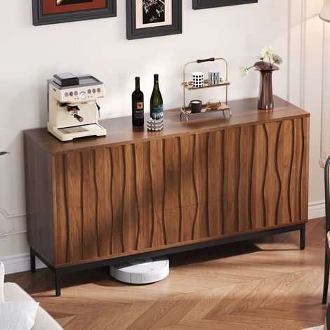 Buffet enfilade Mid Century Modern 150cm chêne foncé - 3 tiroirs, découpe monobloc - Meuble cuisine/salon/entrée (1/5)