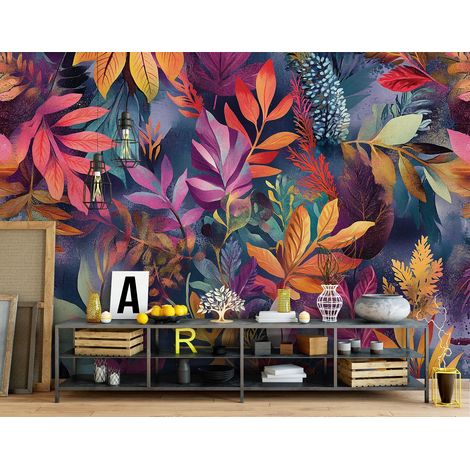 Vlies Fototapete Blätter 200x140 cm, Tapeten, für Wohn und Schlafzimmer, Vliestapete Wandtapete Tapete 3D Effekt- inkl. Kleister - Tropisch Natur bunt violett, WallArena (1/4)