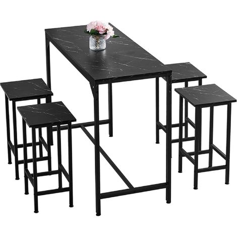 Bar Table Set of 4, Bar Table and 4 Bar Stools, 90cm tall Dining Table with Barstools, 5pcs Home Kitchen Breakfast Bar Set, Pub Furniture, Black Marble Texture, made of MDF (1/5)