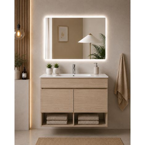 Mobile bagno sospeso con lavabo extrapiano ORIGENBATH NEBARI senza specchio 60x45 cm estepa (1/3)