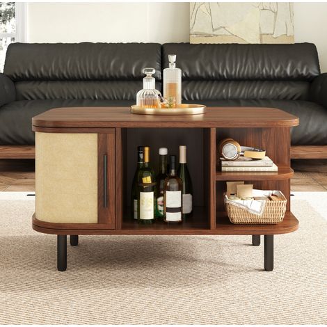 Tavolino da caffè 80x60x47 cm noce in MDF con ante laterali e vani portaoggetti (1/5)