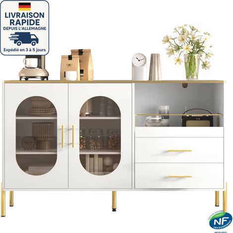 Credenza 2 ante 140 cm - Con 2 cassetti e 2 ante in vetro - Contemporanea - Con decoro oro - Bianco (1/5)
