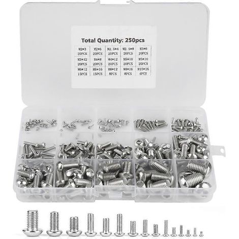 250-teiliges Set mit Maschinenschrauben M2/M2,5/M3/M4/M5/M6/M8/M10 für Laptop/Tastatur/Handy/PC (Sechskantschrauben)