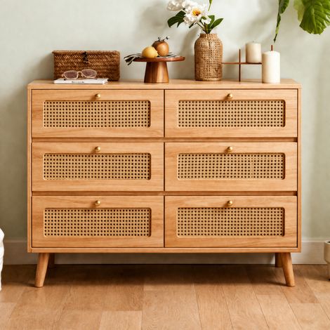 Commode 6 tiroirs en rotin 100 cm – Bois massif naturel – Tiroirs avec glissières – Boutons en métal – Système anti-basculement – Style scandinave