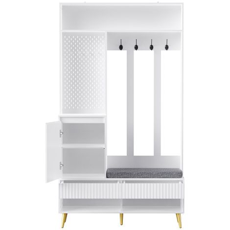 Porte-manteau d'entrée avec banc de rangement rembourré – Meuble à chaussures multifonction avec panneau perforé – Portant moderne à 4 crochets pour hall d'entrée ou buanderie (1/5)