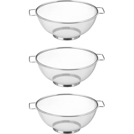 Passoire en inox 26 cm, lot de 3, ustensile cuisine pates égoutter salate poignée et socle anneau, argenté