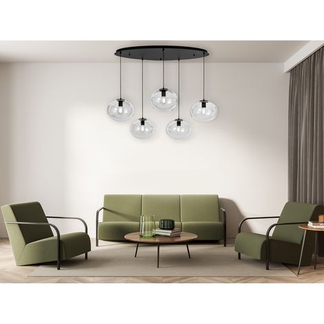 LED Pendelleuchte fünfflammig Kugel Glasschirme transparent Breite 119,5cm