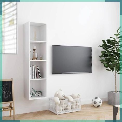 Bibliothèque / Meuble TV - 800261 - Blanc - 143 x 30 x 36 cm - Pose sol ou mur (1/5)