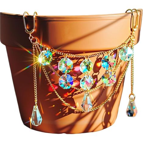Suspension pour pot de fleurs ornée perles verre scintillantes reflétant la lumière (1/4)
