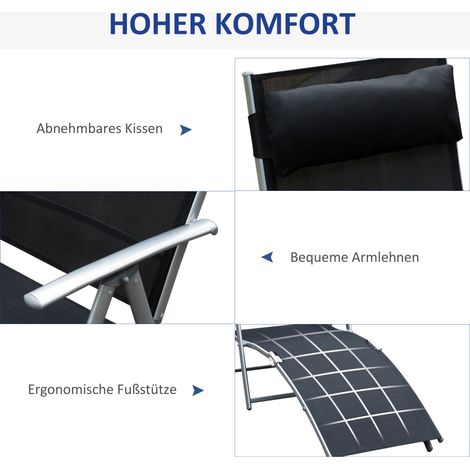 Chaise longue pliante de plage avec coussin, dossier réglable sur 7 positions, transat de jardin jusqu'à 165 kg, pour vacances extérieur, Noir (1/5)