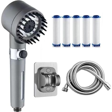 Ensemble de douche filtrante multifonctionnelle à main, argenté, comprenant un tuyau en acier inoxydable de 1,5 m, 5 éléments filtrants, une base non poreuse, 4 vitesses et un adoucisseur d'eau. (1/5)