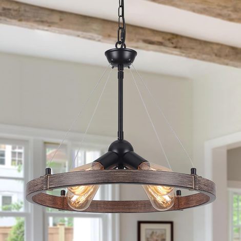 Lustre Industriel, 4 Lumières Suspension Luminaire Industrielle Noir Metal Lustre Salon Chambre Cuisine Salle à Manger, Luminaire Plafonnier Suspendu Bois Et Metal, Hauteur Réglable, Sans Ampoules E2 (1/5)