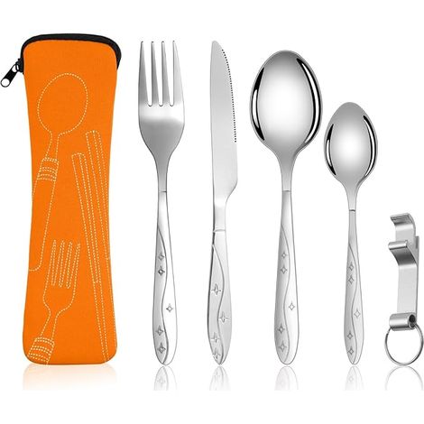 Couverts Acier Inoxydable Ensemble Couverts Ensemble Couverts Transportables Couverts Acier Inoxydable Voyages Camping étoile-Orange (1/5)
