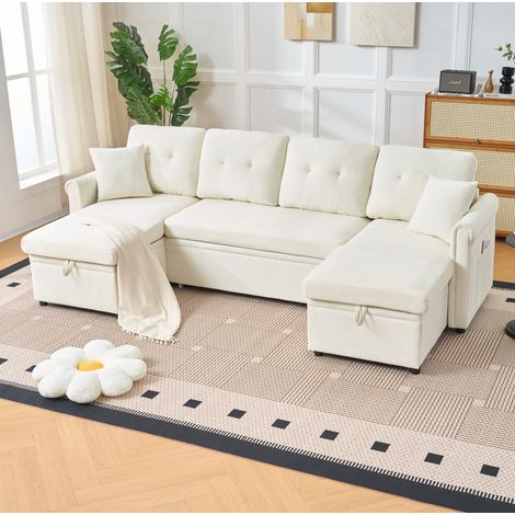 U-förmiges Schlafsofa aus beiger Chenille mit Stauraum und Schlaffunktion (1/5)