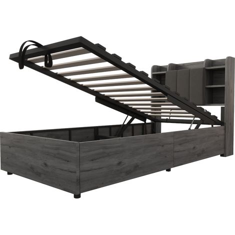 Einzelbett 90 x 200 cm mit hydraulischem Stauraum, Kopfteil und USB Typ-C, grau (1/5)
