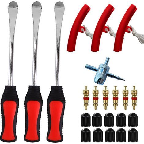 Lntyq DéMonte Pneu 23 Costumes, 3 Leviers de Pneus, 3 PièCes De Protection de Jante De Roue Kit D'Outils 10 Bouchons de Valve de Pneu et Capuchons pour Moto VéLo (1/5)