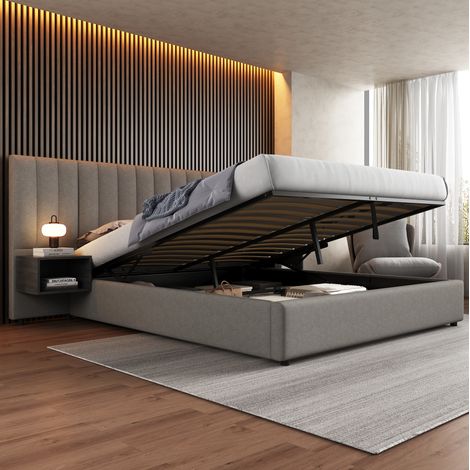 Lit coffre 180/200 cm gris et noir en lin avec 2 tables de chevet et sommier à lattes (1/5)