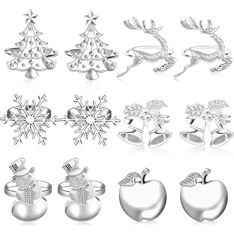 Lot de 12 ronds de serviette de Noël, sapin de Noël, renne, pomme, flocon de neige, cloches, bonhomme de neige, fête de Noël, décorations de table (argent) (1/5)