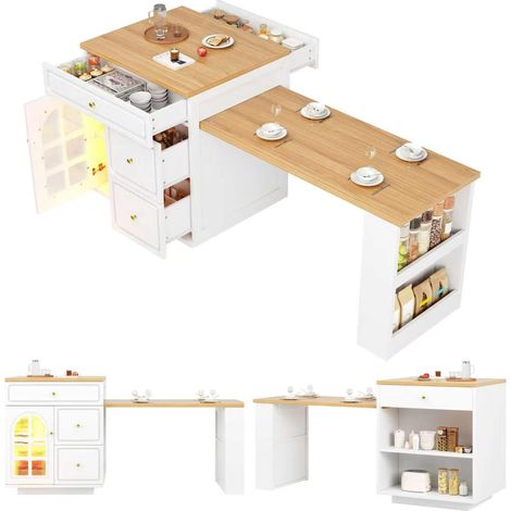 Ilot central de cuisine extensible Blanc,Avec 1 porte,4 tiroirs,plan de travail,122.5-195.5x59x93.5cm,Pour cuisine/salon (1/5)