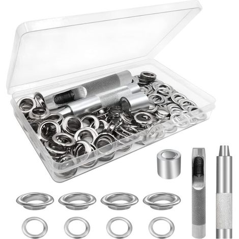 Kit di occhielli, set da 100 pezzi, occhielli per teloni, kit di occhielli per la riparazione di teloni, tende e tele, argento