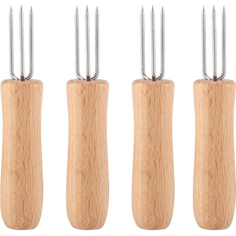 4 Fourchettes en Acier Inoxydable avec Manche en Bois pour Barbecue et Fruits