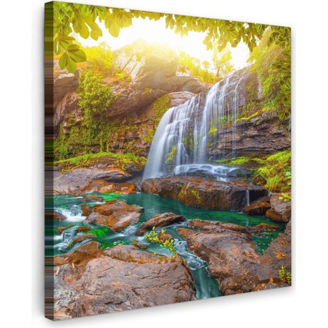 TABLEAU SUR TOILE Nature - Chute d'eau - Plantes - Arbres - Soleil Tableau Chambre Adulte 90x90 cm