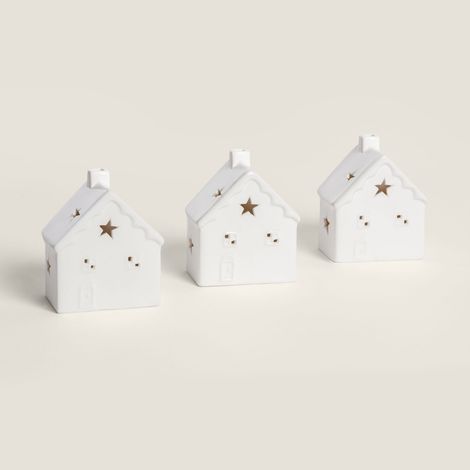 Pack di 3 Case Natalizie Decorative in Ceramica Ivoria con luci LED Bianco ↑6 cm (1/5)
