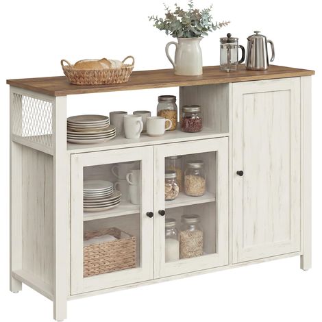 Meuble de Rangement, Buffet, Armoire de Cuisine, Placard, avec 3 Portes, pour Salon, Cuisine, Salle à Manger, 33 x 110 x 75 cm, Style Rustique, Marron Miel et Blanc Rustique LSC096WJ02 (1/5)