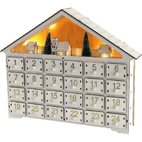 Calendrier de l'Avent de Noël 2025 en bois avec lumières LED, 24 tiroirs de rangement, compte à rebours et 24 décorations, Maison Blanche (1/4)