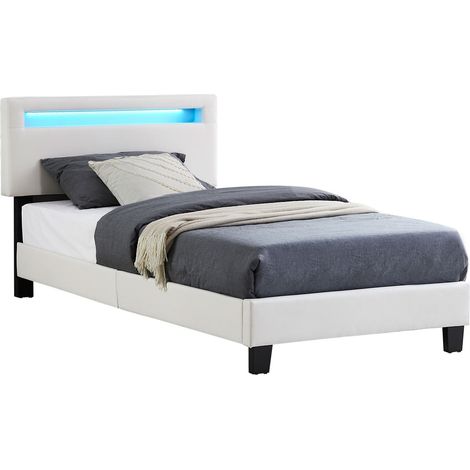 Idimex – Lit simple avec tiroirs 90x190 cm – Tissu capitonné blanc – Hauteur tête de lit réglable 91-101 cm – Éclairage LED intégré