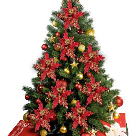 Flor artificial de Navidad, de tela roja, una flor de Pascua brillante de 13 cm (5,1 pulgadas), ideal para coronas de árboles de Navidad y decoraciones navideñas.
