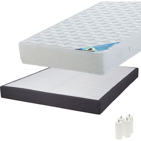 MALDIVES - Pack Matelas 160x200 + Sommier Tapissier Démontable 2x20 Lattes Anthracites + Pieds Blancs 15cm (1/5)