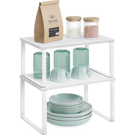 Étagère à Épices, Lot de 2, Organisateur de Placard, Étagère de Rangement de Cuisine Extensible, Porte-épices Empilable, Métal, Bois d’Ingénierie, Blanc Nuage et Blanc Neige (1/5)