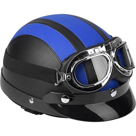 Demi-casque et visière anti-UV universels en cuir synthétique pour scooter de moto bleu (1/5)