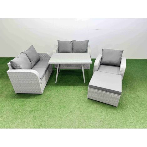 Fimous 6 Seater Outdoor Rattan Garden Furniture Set Love Sofa Reclining Chair Set with Rectangular Dining Table Big Footstool Light Grey (1/4)