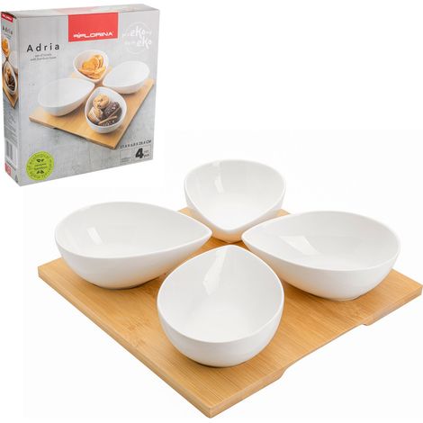 Set di 4 ciotoline per salse Adria a forma di goccia, su supporto Florina da 15 cm.