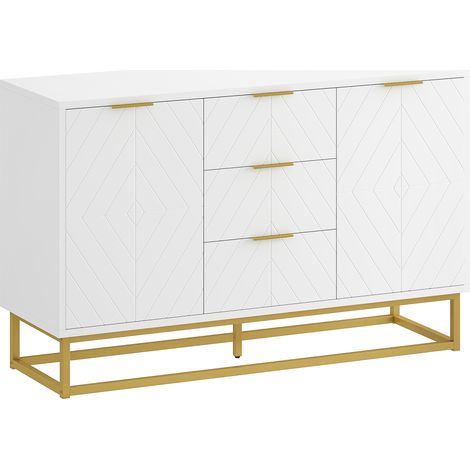 Buffet cuisine design graphique, meuble de rangement 2 portes, étagères ajustables, 3 tiroirs coulissants, bois blanc et métal doré, 120x40x76 cm (1/5)