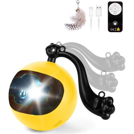 Jouet Interactif pour Chats, Balle Interactive Intelligent pour Chats - avec 2 Queue Plumes - Télécommande - USB Charg, Mouvement Automatique, Activée par Le Mouvement, Gazouillis(Jaune) (1/5)