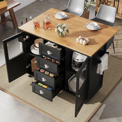 Îlot de cuisine roulant extensible 120x73x93 cm blanc/noir, buffet avec porte-serviettes, étagère à épices, étagères ajustables, deux portes et quatre tiroirs, armoire de rangement sur roulettes